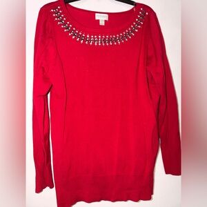 Elegant Red Sweater with Embellished Neckline